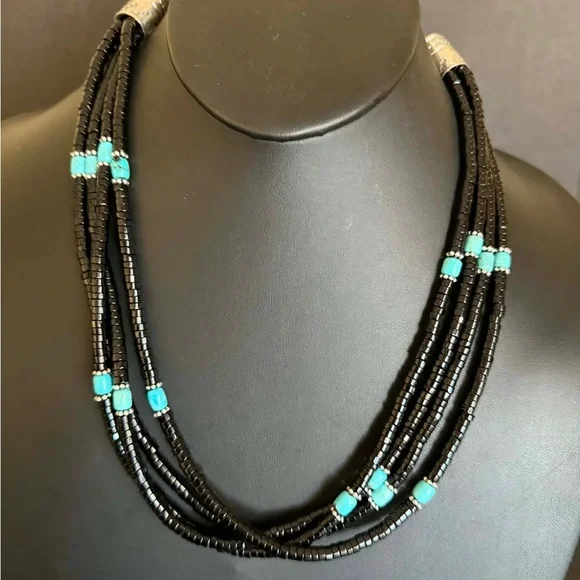 Sterling silver black onyx turquoise necklace 24 inch